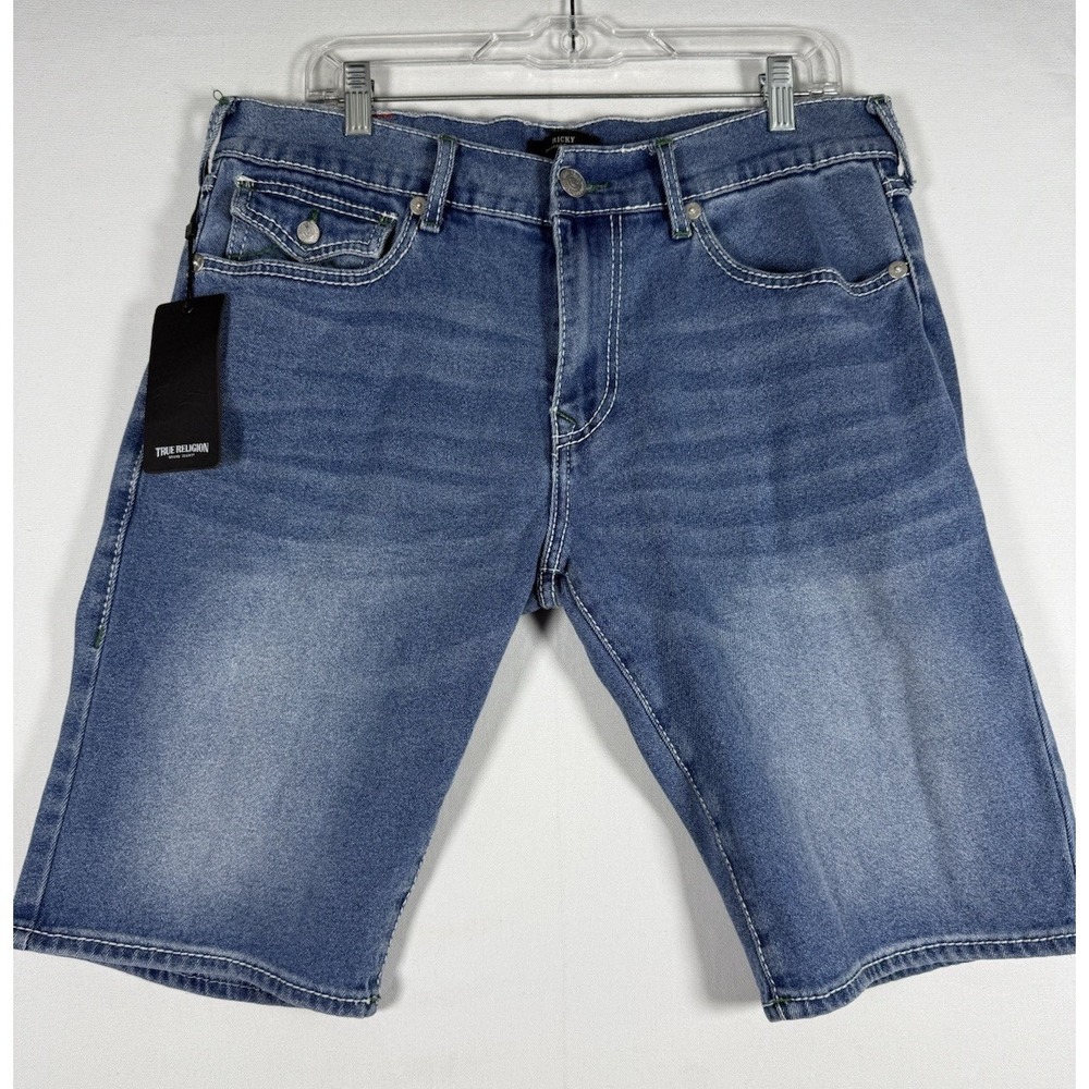 NWT True Religion Ricky Relaxed Straight Big T Flap Shorts Mens 34 Pacific Wash